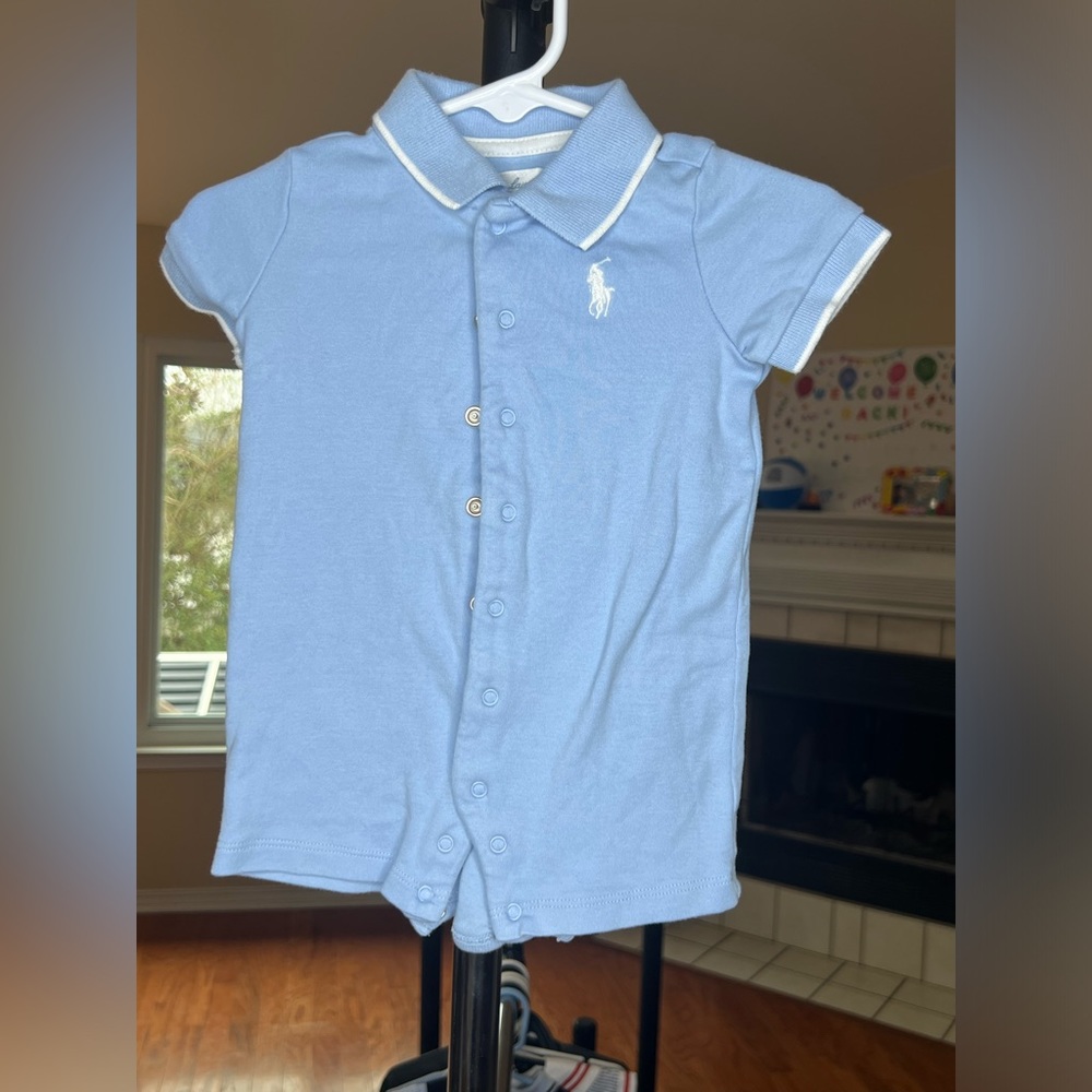 Light blue and white Ralph Lauren onesie.